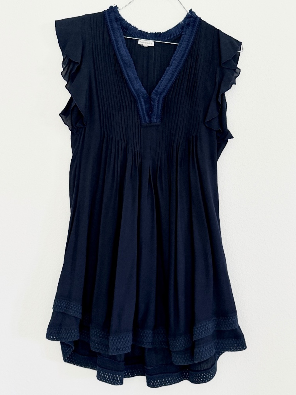 Poupette St Barth Navy Blue Fringe V-Neck Ruffle Dress – XS